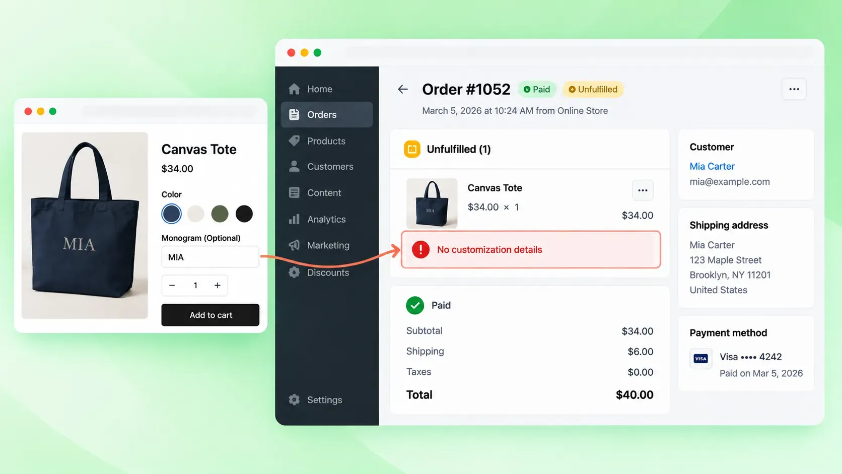 Shopify customization data missing from the order details page