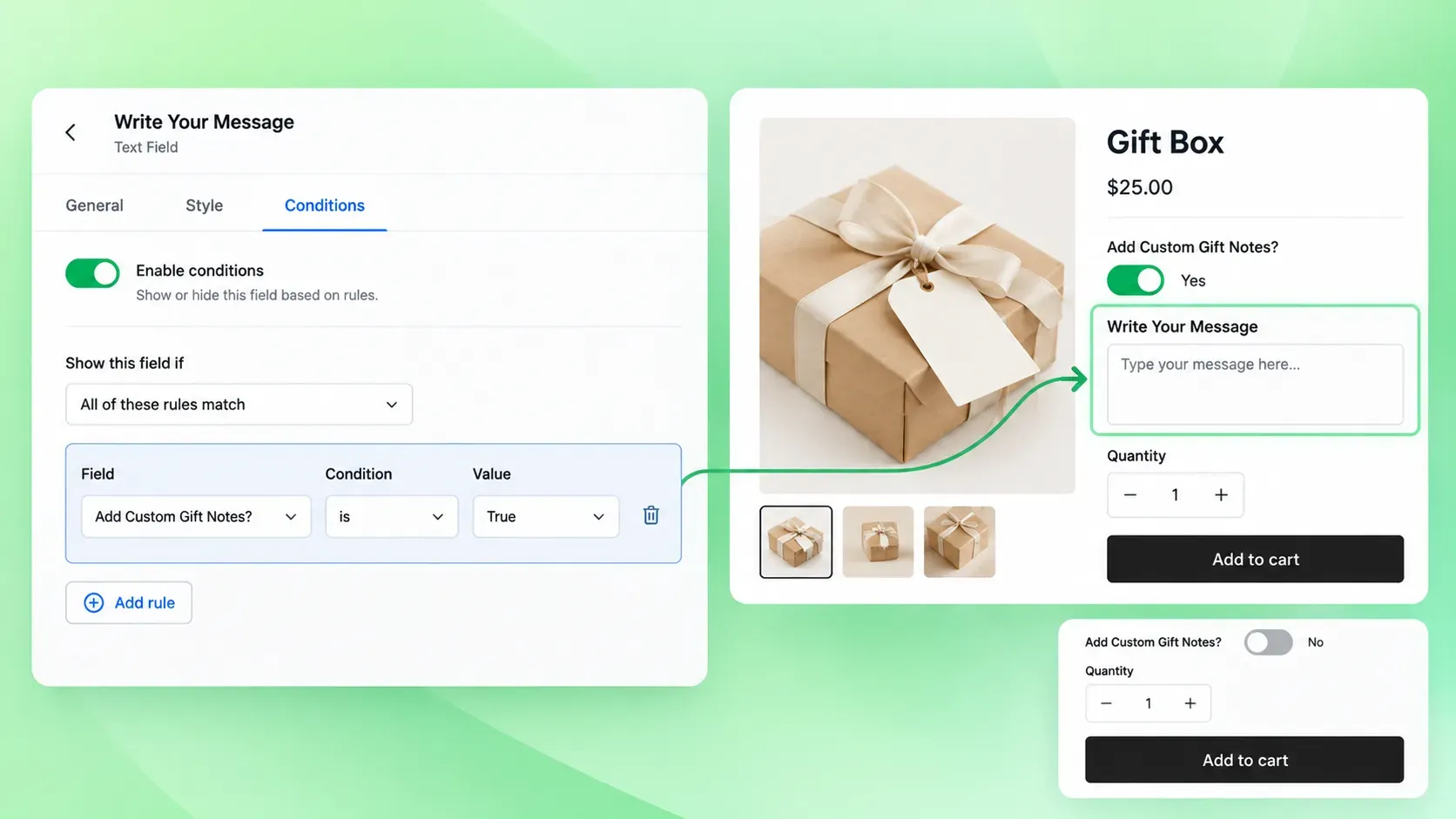 Shopify product options conditional logic rule not working because of a field name mismatch