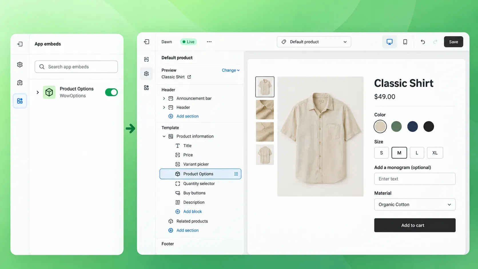 Enabling the product options app embed and adding the Product Options block in the Shopify theme customizer