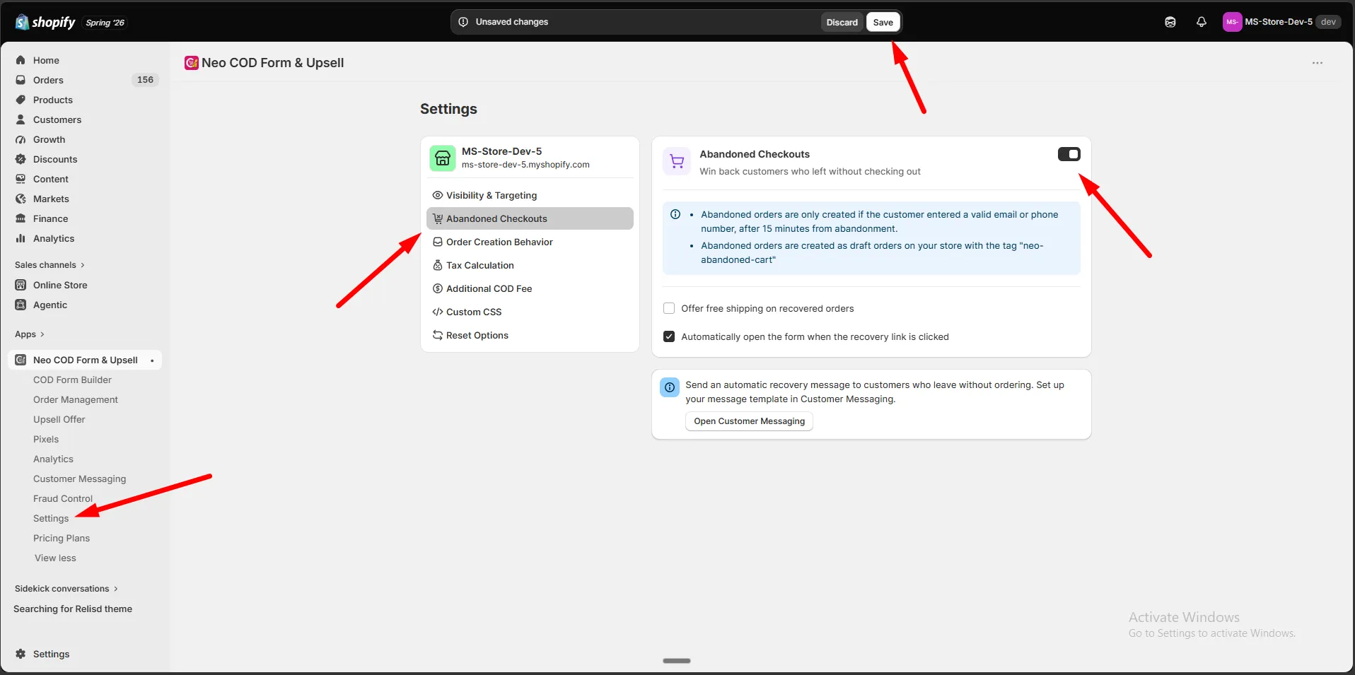 The Abandoned Checkouts settings page with the recovery toggle and its related options