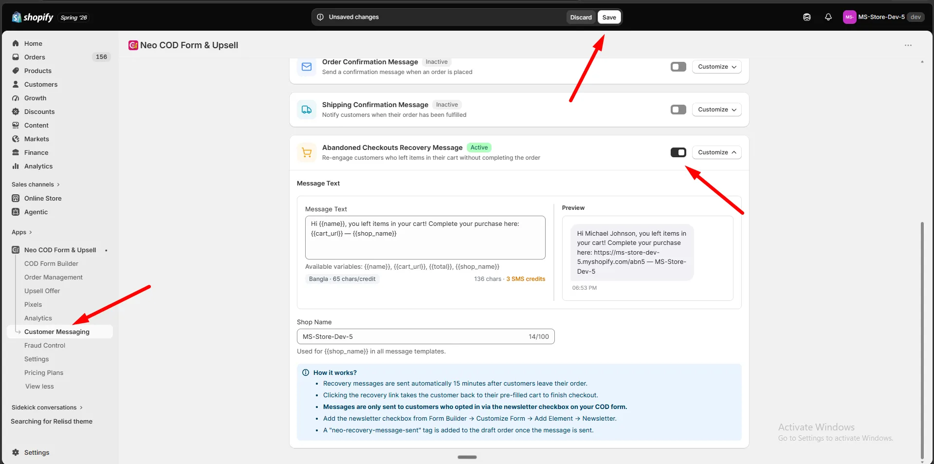 The Abandoned Checkouts Recovery Message editor with Message Text, a live preview, and a How it works panel