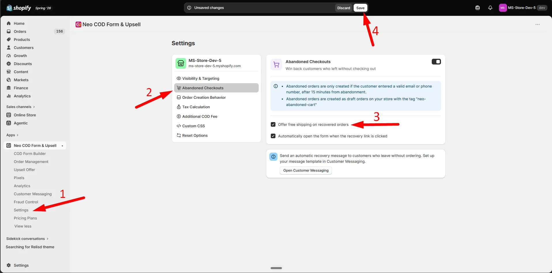 The Abandoned Checkouts settings panel with the Offer free shipping on recovered orders checkbox selected