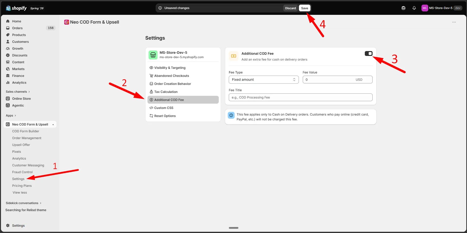 The Additional COD Fee settings with the fee type and fee value fields