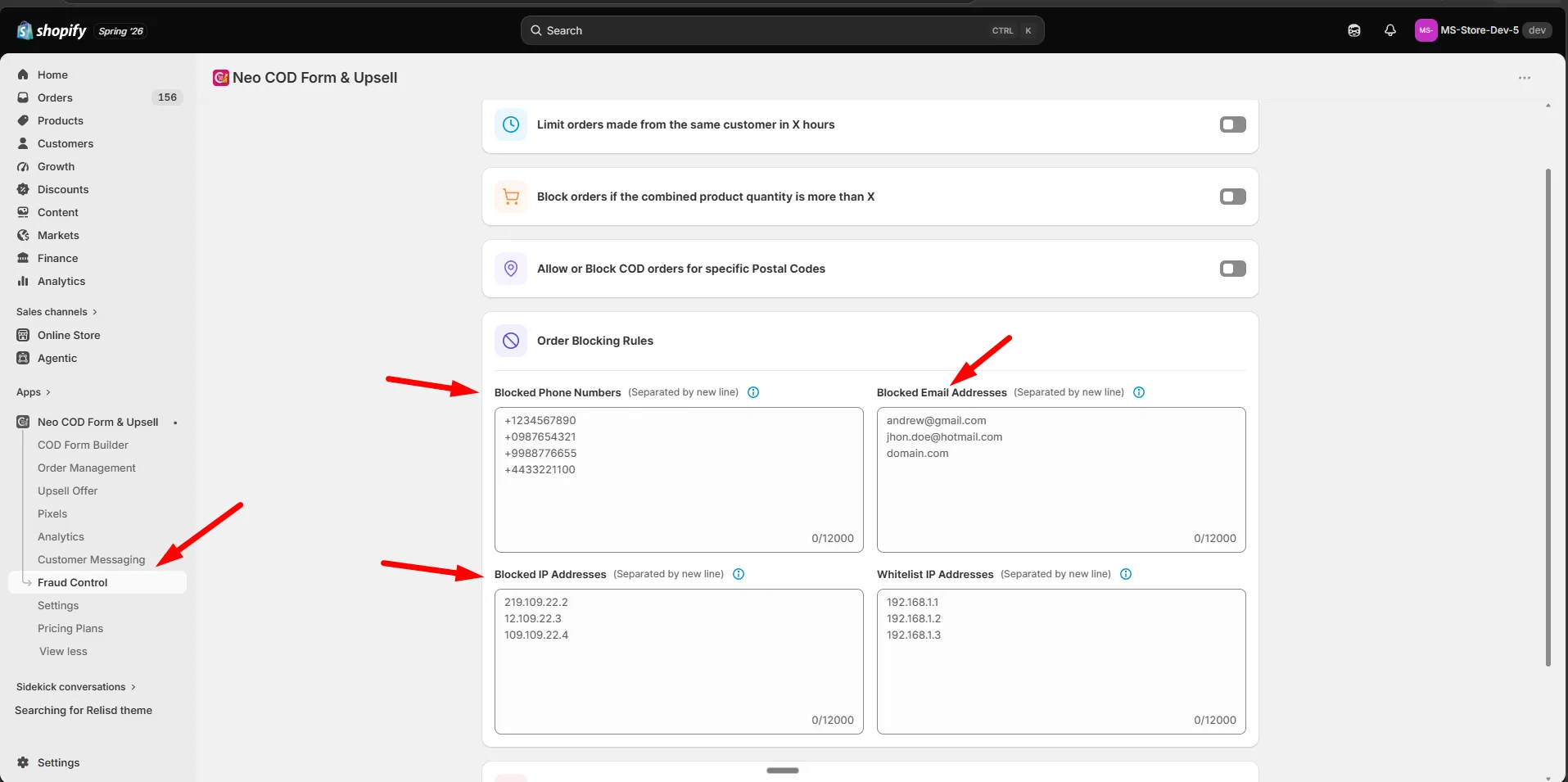 The Order Blocking Rules panel with separate lists for blocked phone numbers, email addresses, and IP addresses