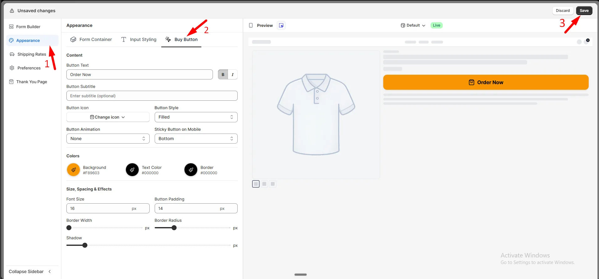 The Buy Button panel in Form Builder Appearance, with content, style, color, and size settings beside a live preview of the button