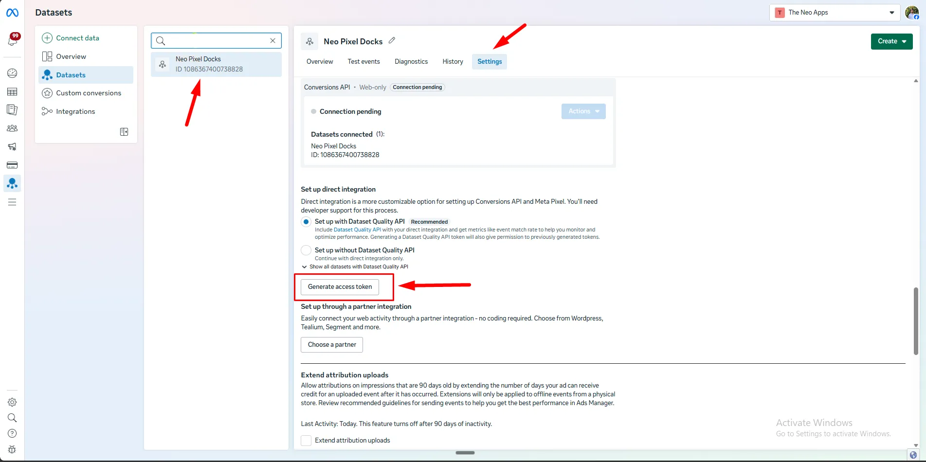 The Conversions API section of Meta dataset settings with the Generate access token link