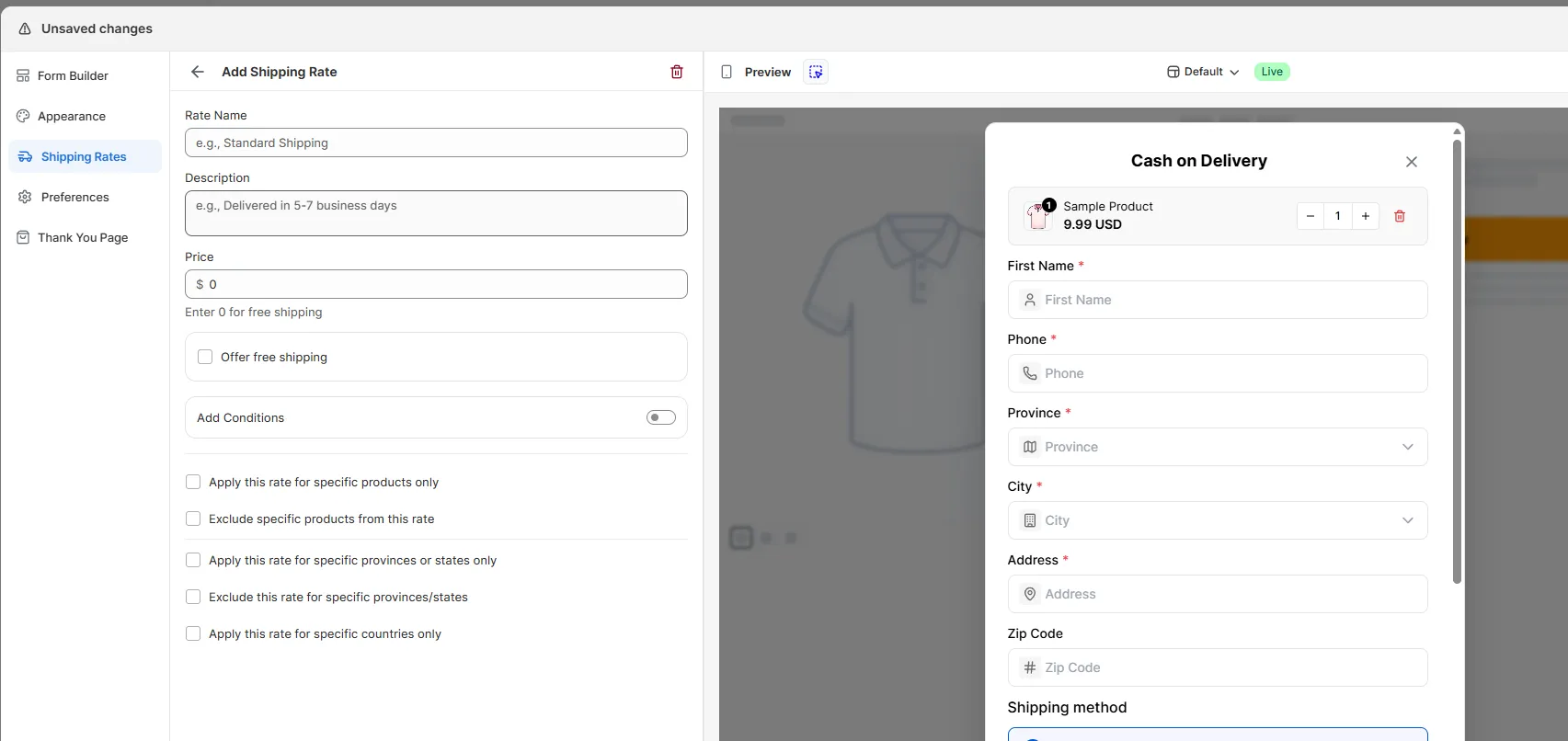The Add Shipping Rate form with the Add Conditions toggle and the per-product, per-province, and per-country checkboxes below it