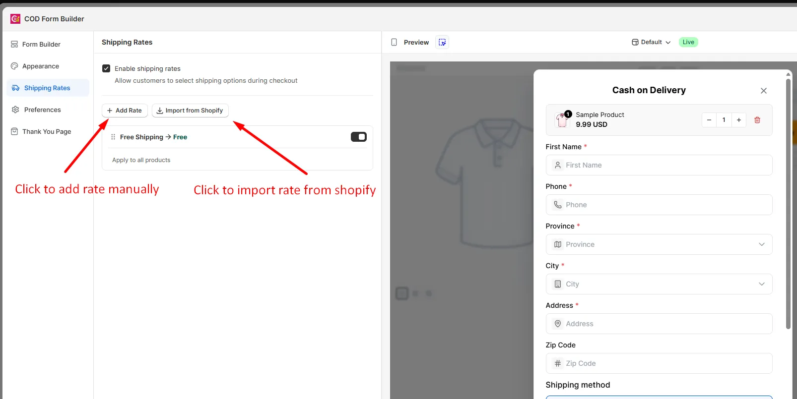 The Shipping Rates panel showing the Add Rate button for creating a rate manually and the Import from Shopify button