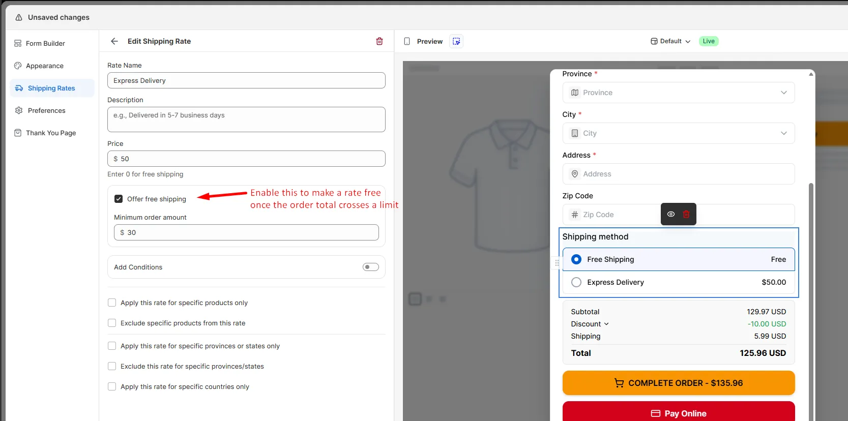 The Edit Shipping Rate panel with Offer free shipping enabled and a Minimum order amount field