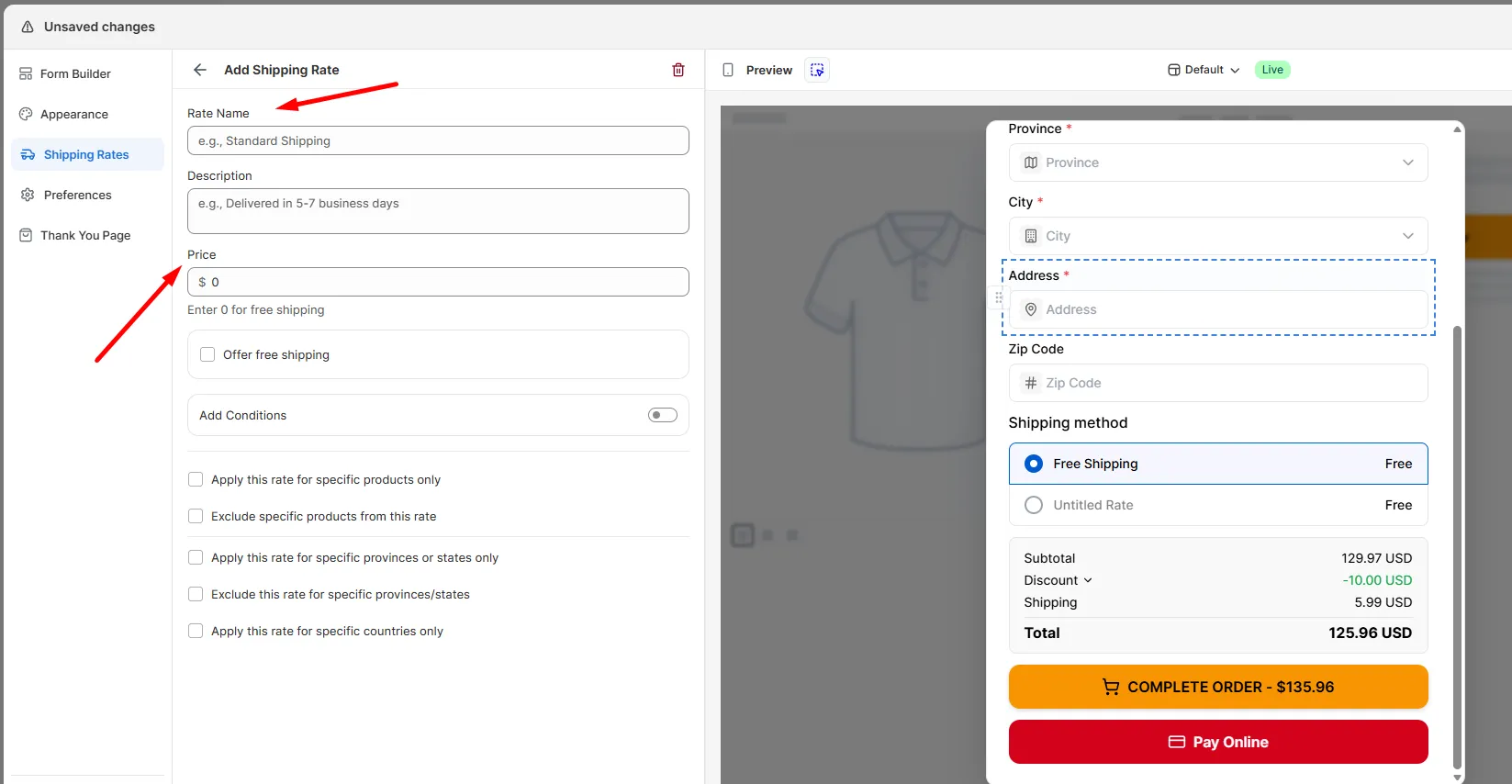 The Add Shipping Rate form with Rate Name, Description, and Price fields beside a live preview of the order form