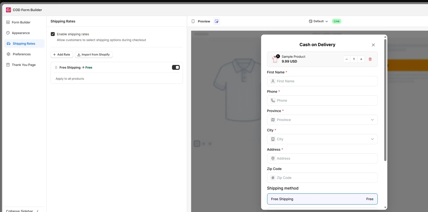 The shipping rates list showing an existing rate with reorder, enable, and delete controls