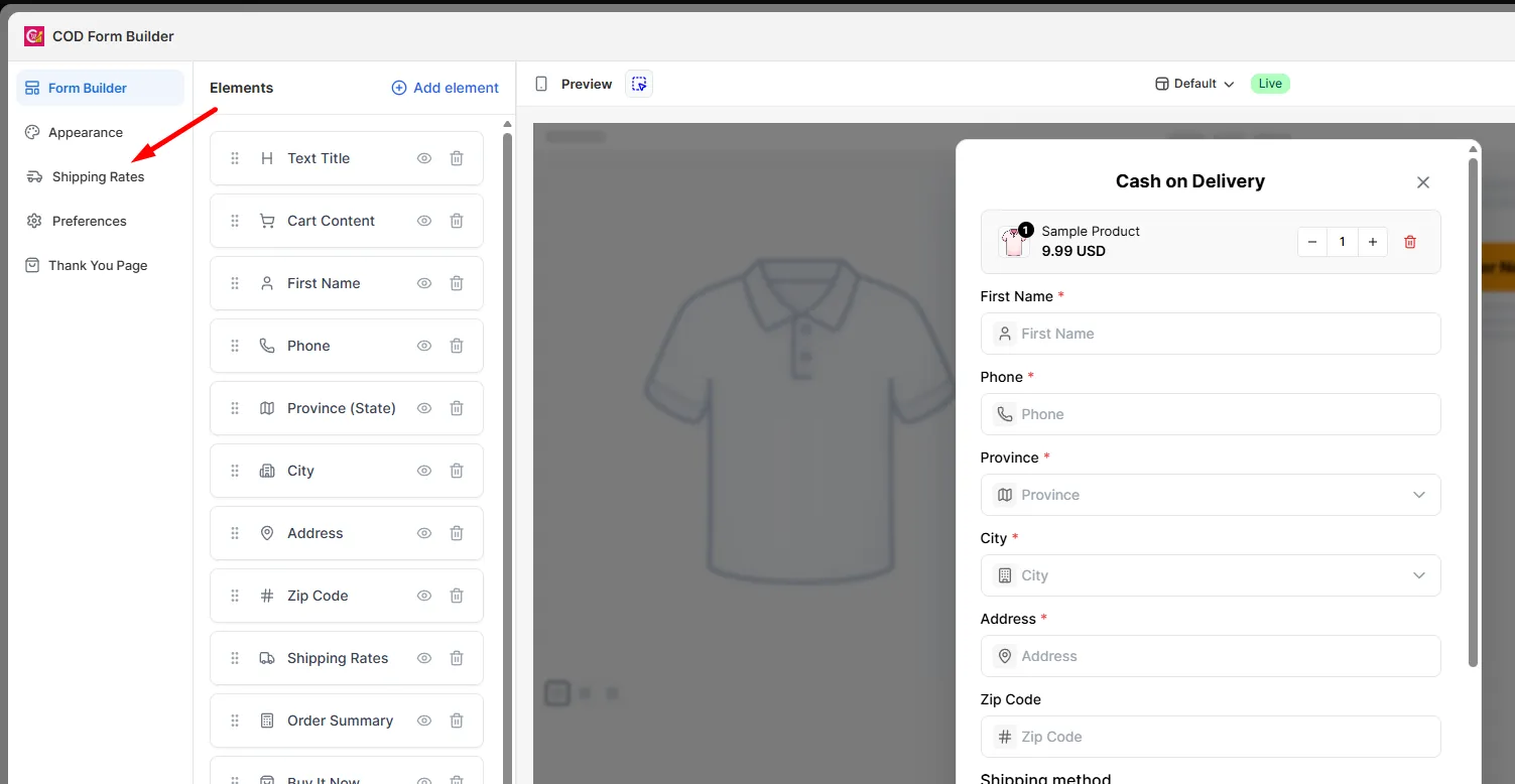 The Form Builder sidebar with the Shipping Rates tab highlighted