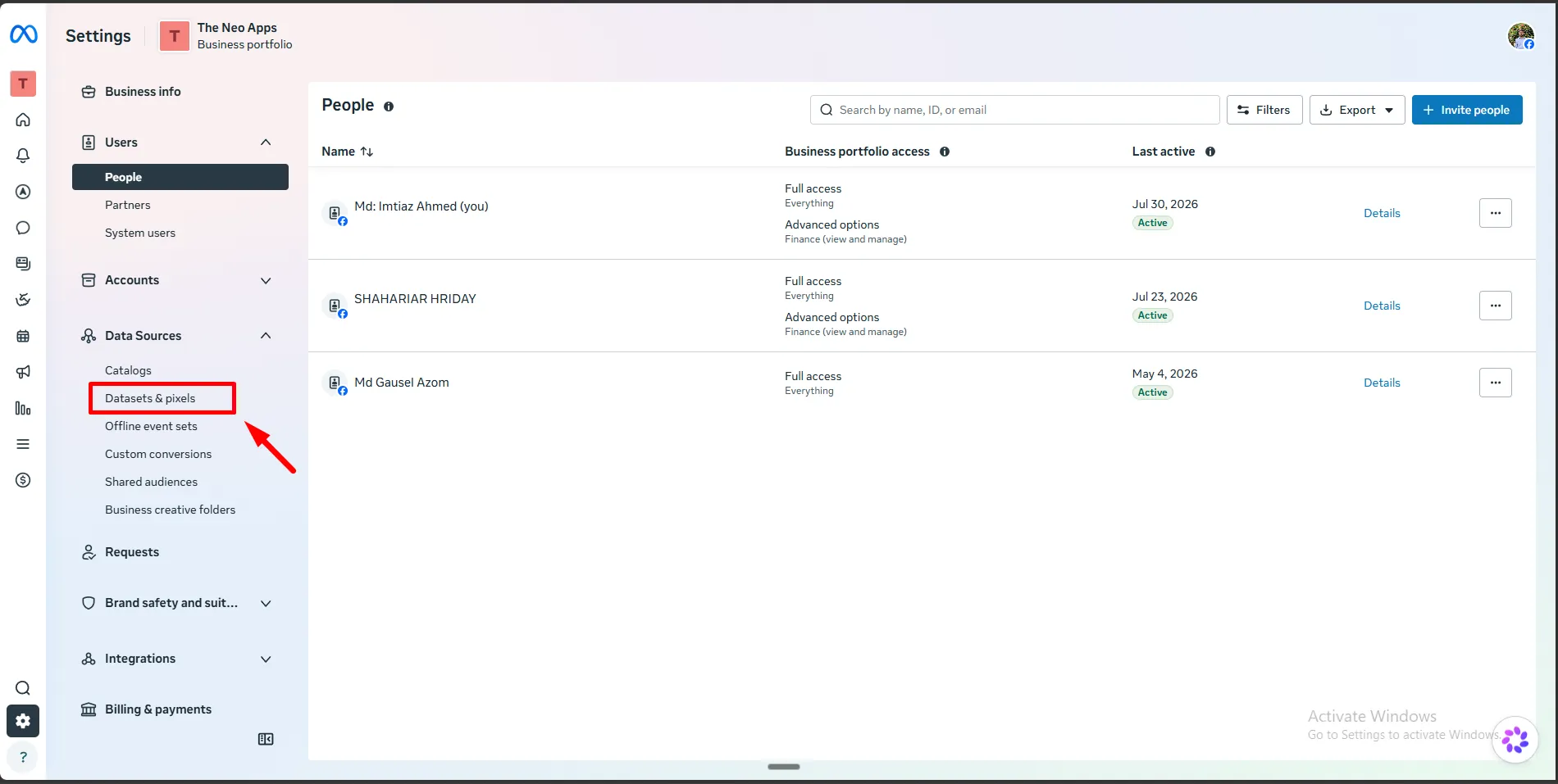 Meta Business Settings with Data Sources expanded and Datasets highlighted