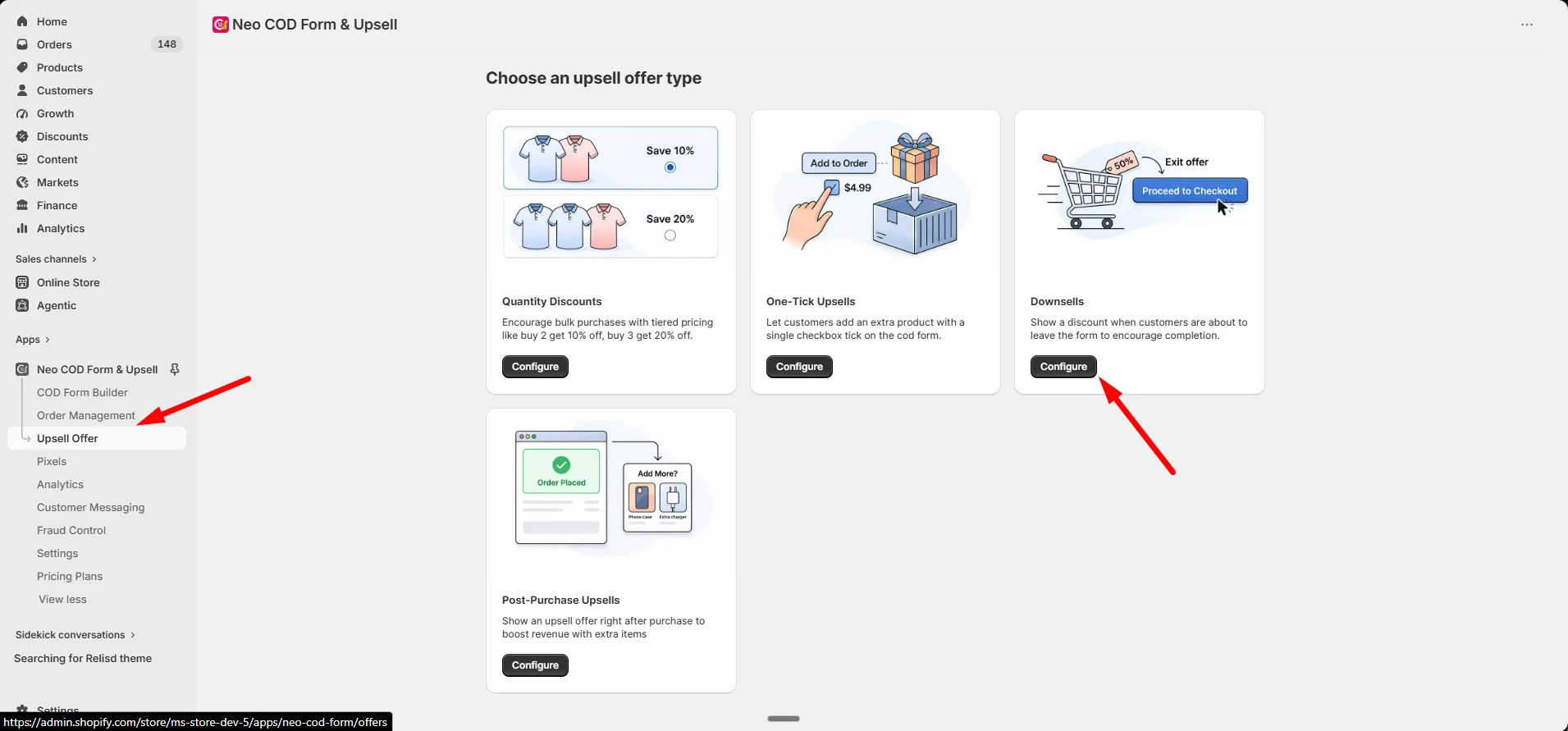 The upsell offer type picker with the Downsells card