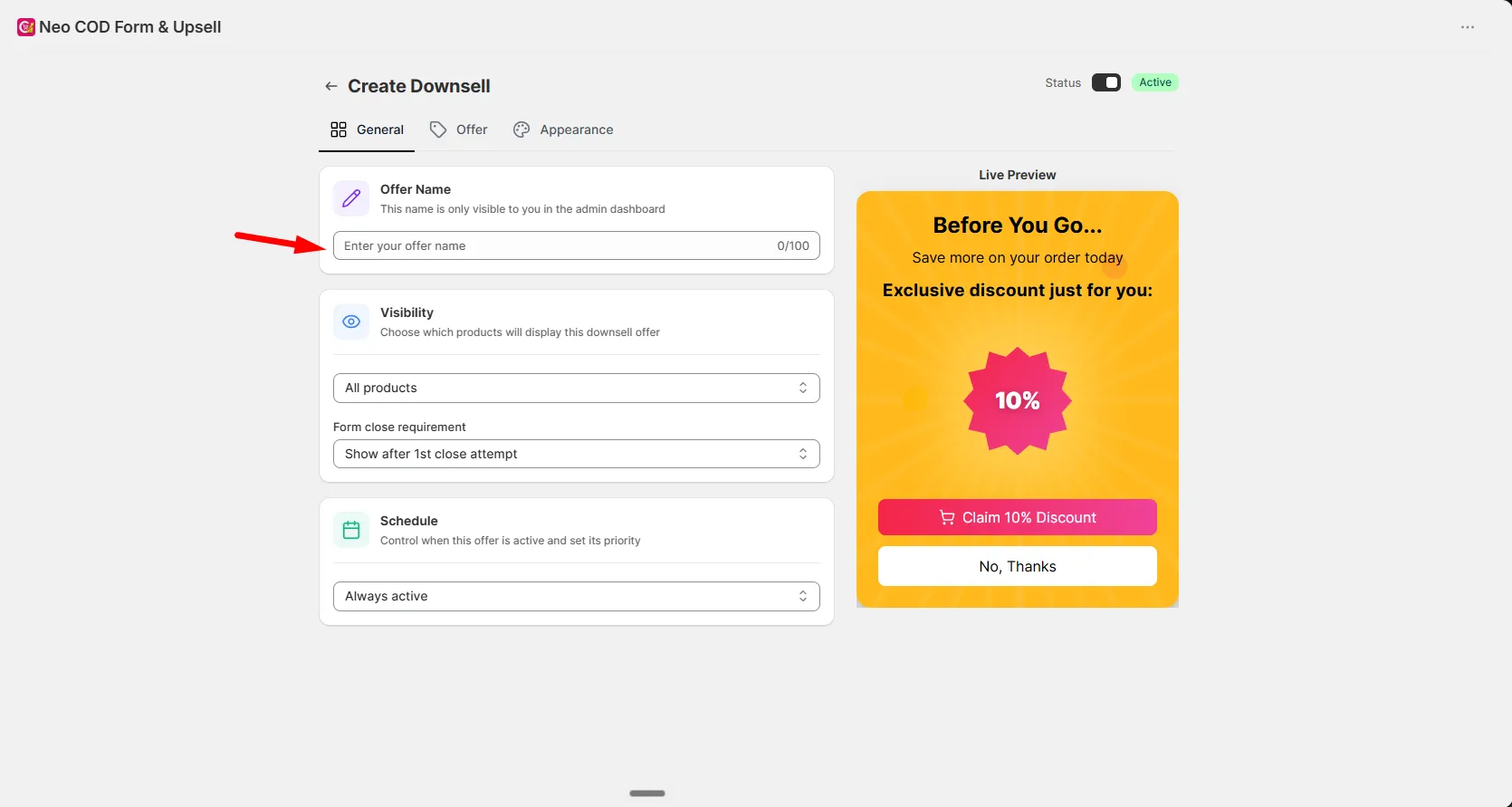 The General tab of Create Downsell with Offer Name, Visibility, Form Close requirement, and Schedule settings