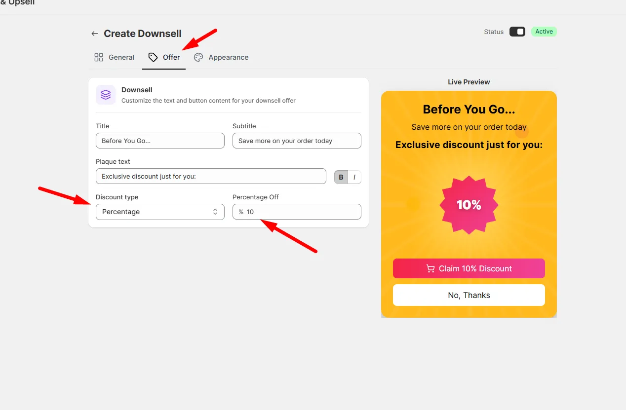 The Offer tab with Title, Subtitle, Plaque text, Discount type, and Percentage Off fields beside a live preview of the Before You Go offer