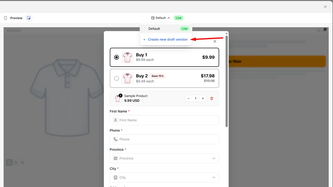 The version switcher dropdown with the Create new draft version option highlighted