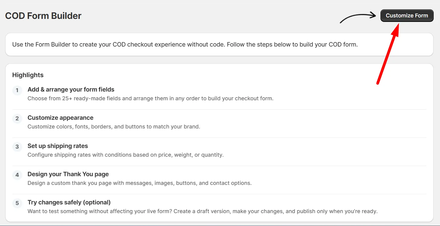 The COD Form Builder page with the Customize Form button in the top right