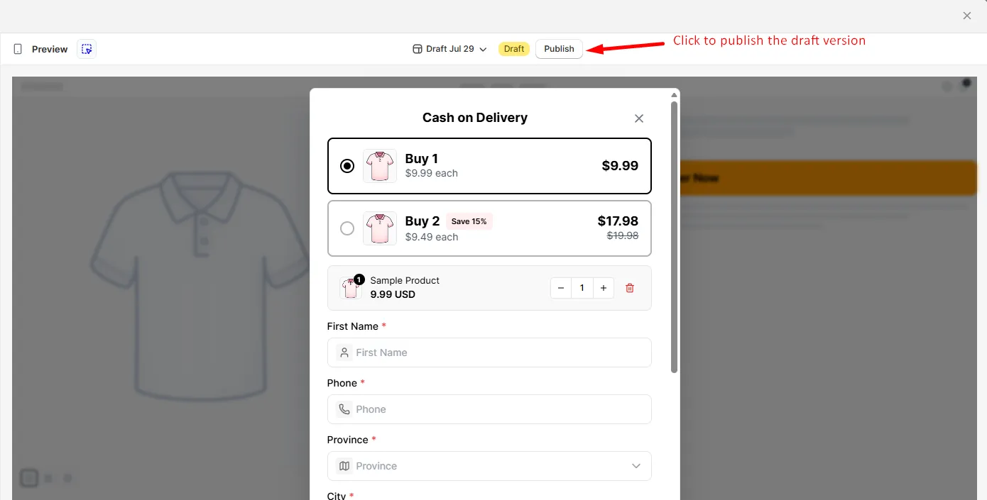 A draft selected in the version switcher with the Publish button highlighted beside it