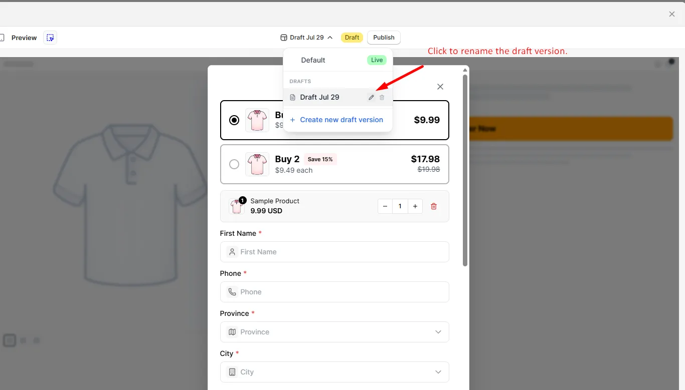 The version switcher dropdown with the edit icon on the draft row highlighted