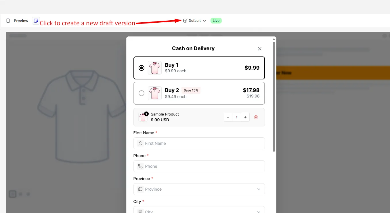 The version switcher at the top of the form builder showing the Default version marked Live
