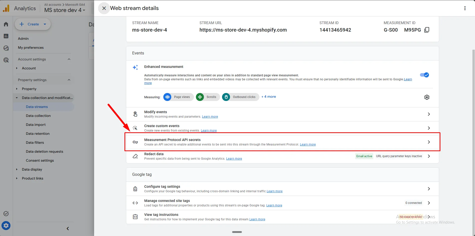 The Web stream details panel with the Measurement Protocol API secrets row highlighted