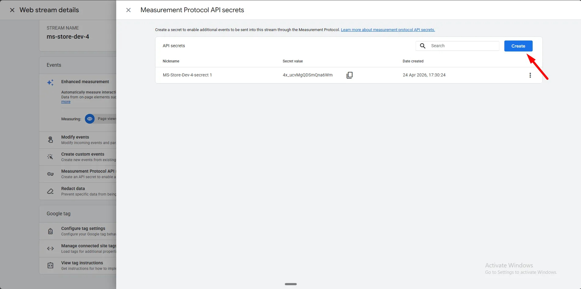 The Measurement Protocol API secrets panel with the Create button