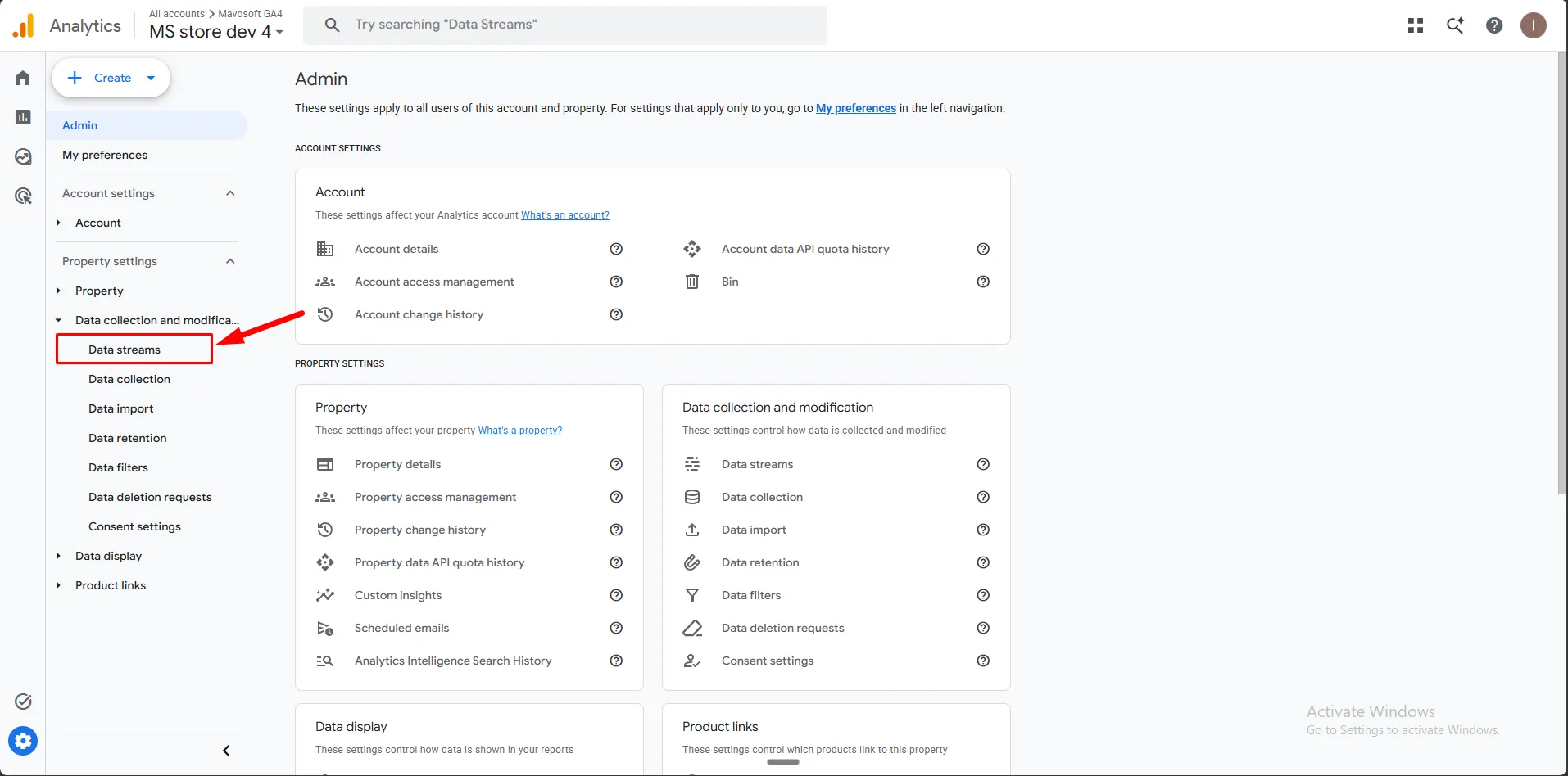 The Google Analytics Admin page with Data streams highlighted under Data collection and modification
