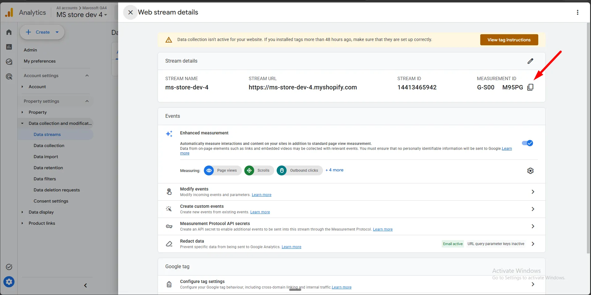 The Web stream details panel with the Measurement ID highlighted in the top right