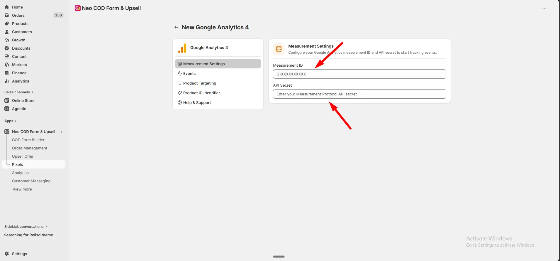 The New Google Analytics 4 screen with Measurement ID and API Secret fields