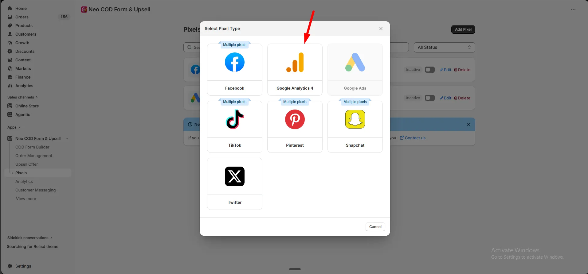 The Select Pixel Type dialog with the Google Analytics 4 option
