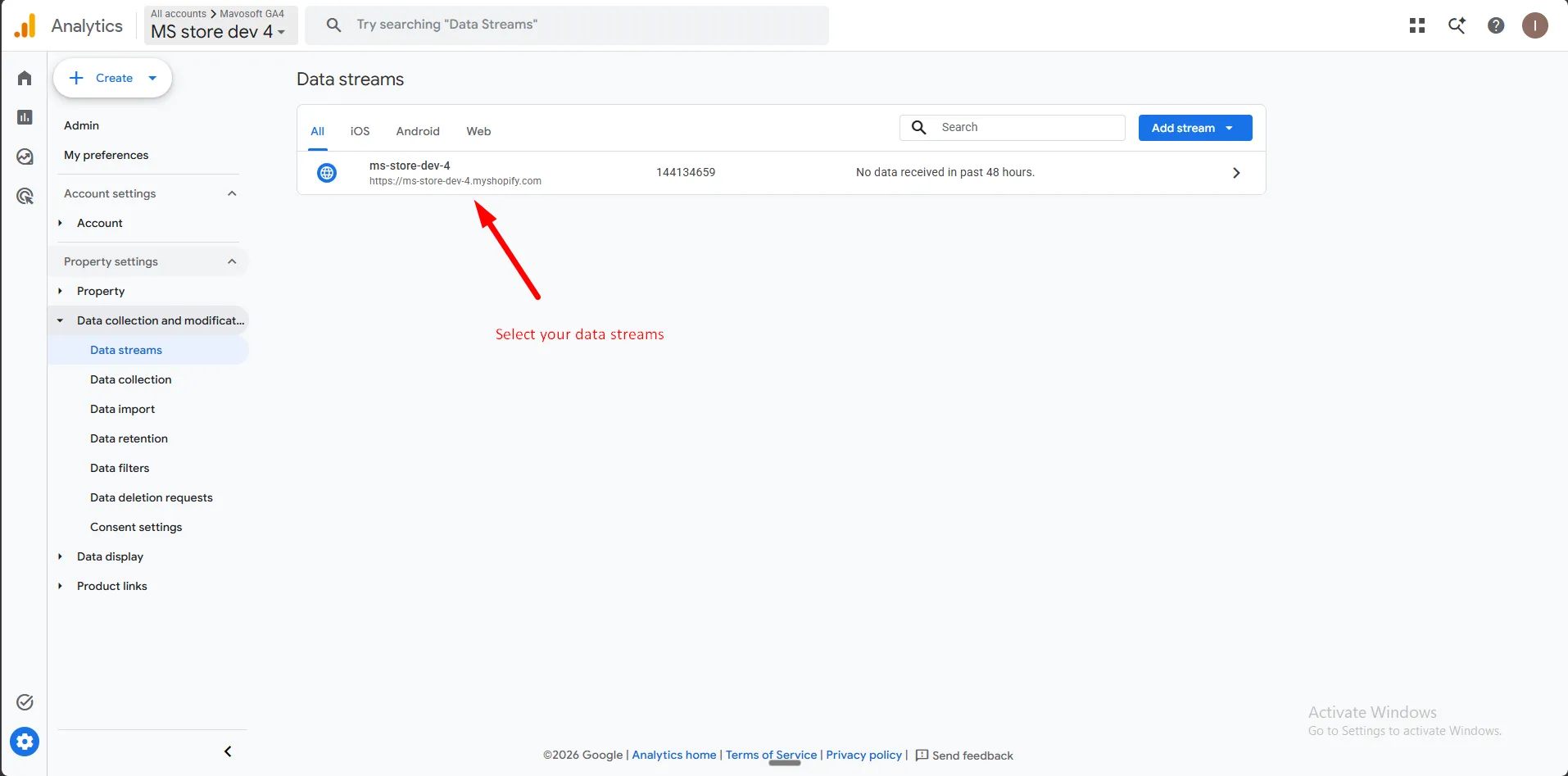 The Data streams list with a web stream ready to select