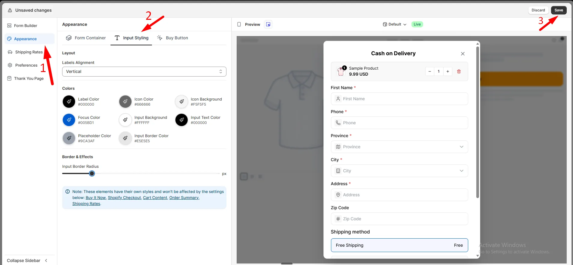 The Input Styling panel in Form Builder Appearance, showing layout, colors, and border settings beside a live preview of the COD form