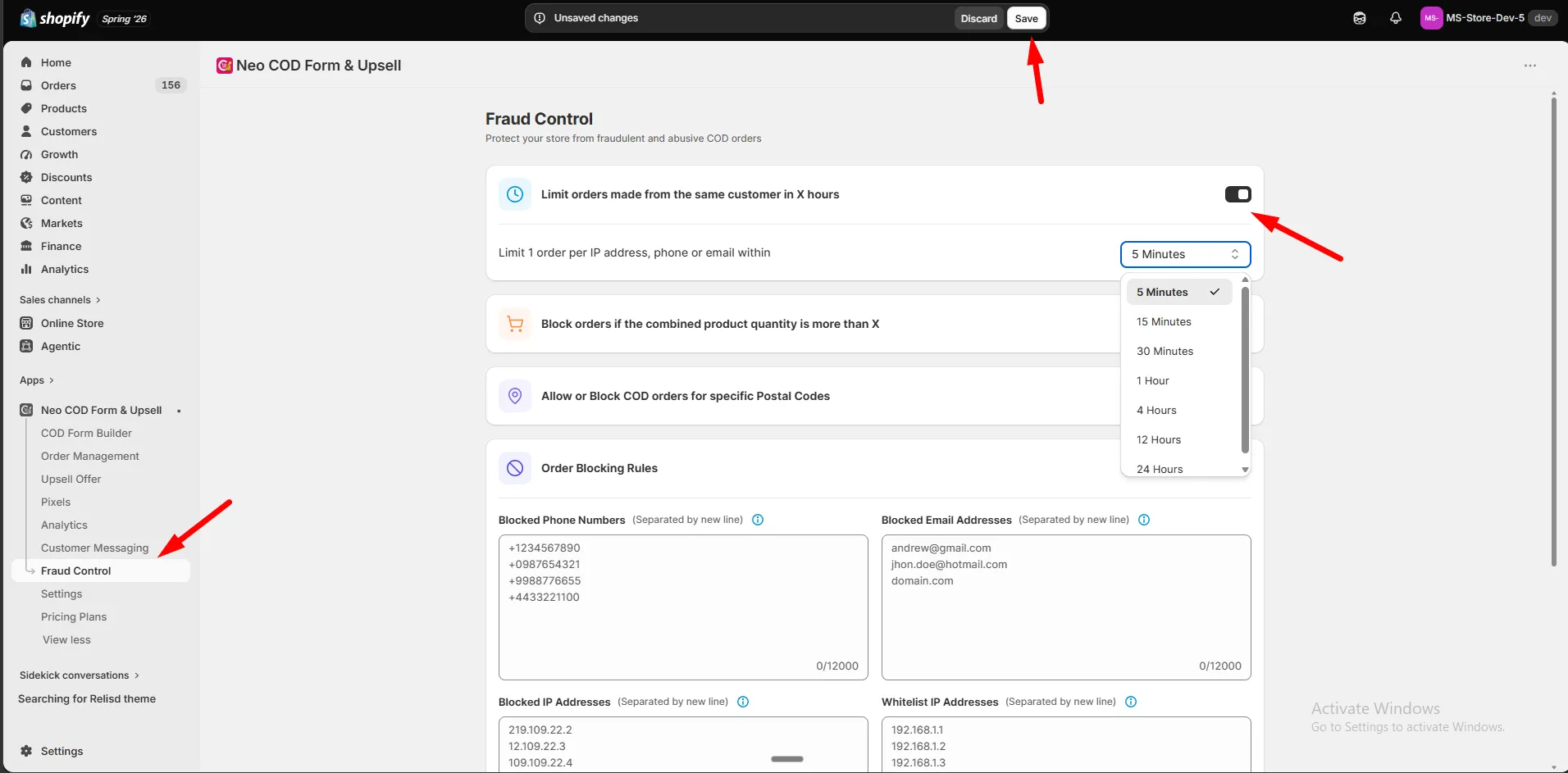 The Fraud Control page with the repeat-order limit enabled and the time window dropdown open