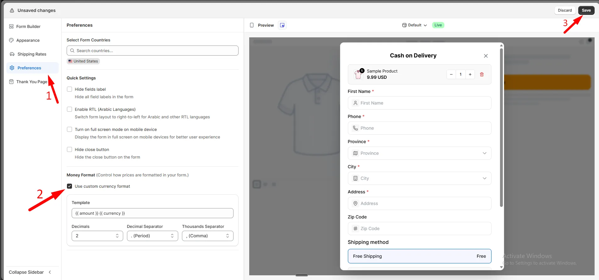 The Money Format panel in Form Builder Preferences with Use custom currency format checked and the template, decimals, and separator fields visible