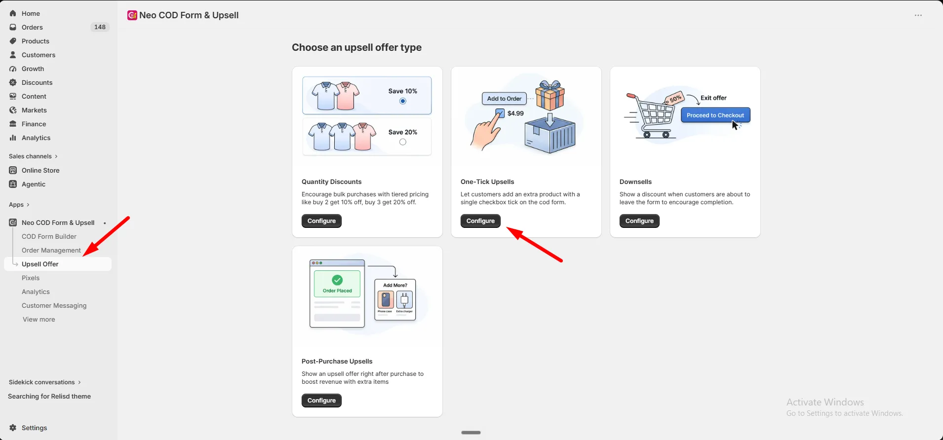 The upsell offer type picker with the One-Tick Upsells card