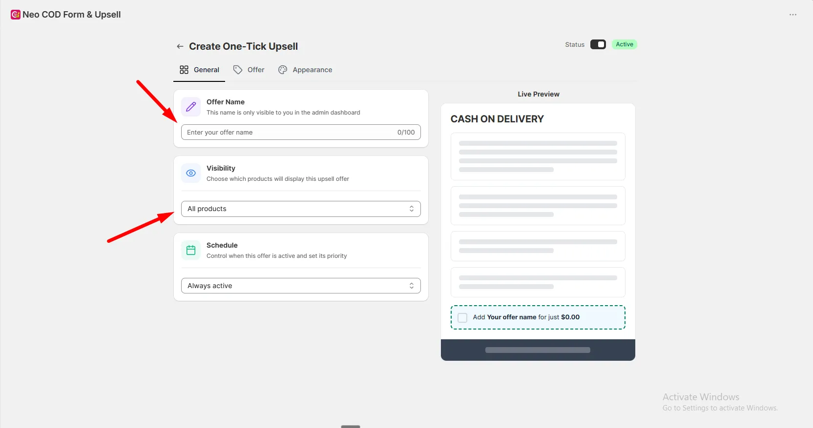 The General tab of Create One-Tick Upsell with Offer Name, Visibility, and Schedule settings