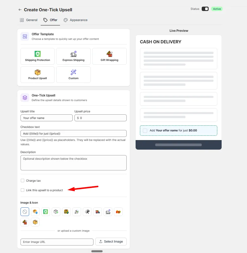 The Offer tab with the Link this upsell to a product checkbox highlighted