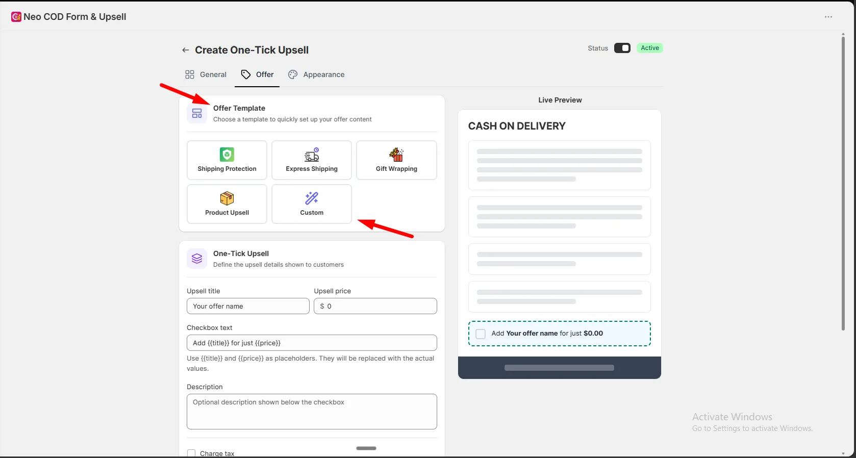 The Offer tab showing ready-made templates for Shipping Protection, Express Shipping, Gift Wrapping, and Product Upsell, plus title, price, and checkbox text fields