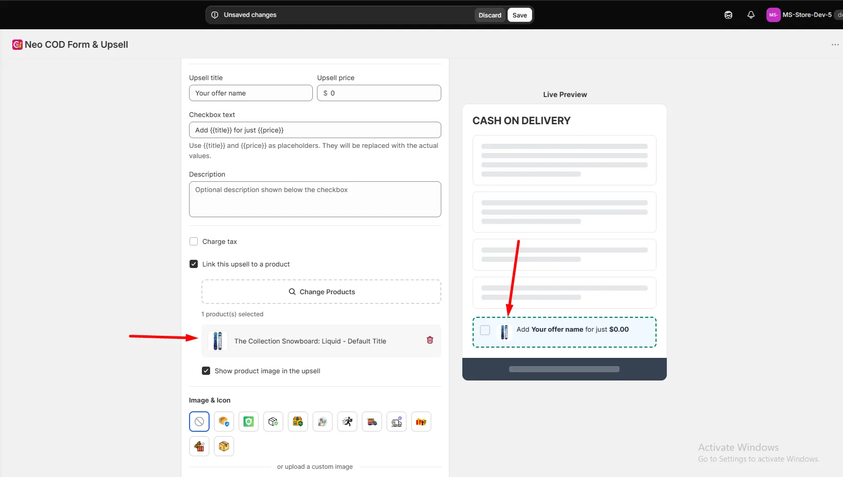 A product linked to the upsell, with a Change Products button and a Show product image in the upsell option