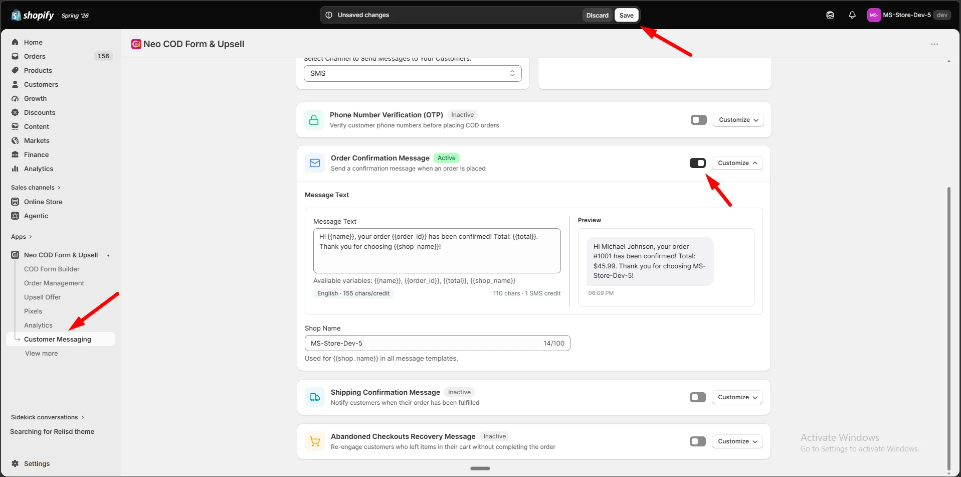 The Order Confirmation Message editor with Message Text and a live preview of the SMS