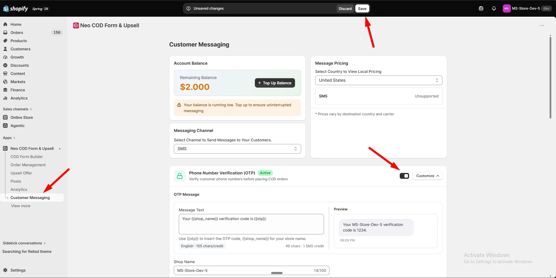 The Customer Messaging page with Phone Number Verification (OTP) enabled and the OTP Message editor with a live preview