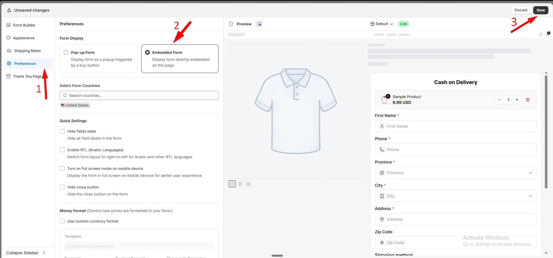 Form Display settings with Embedded Form selected, and the COD form shown inline on the product page