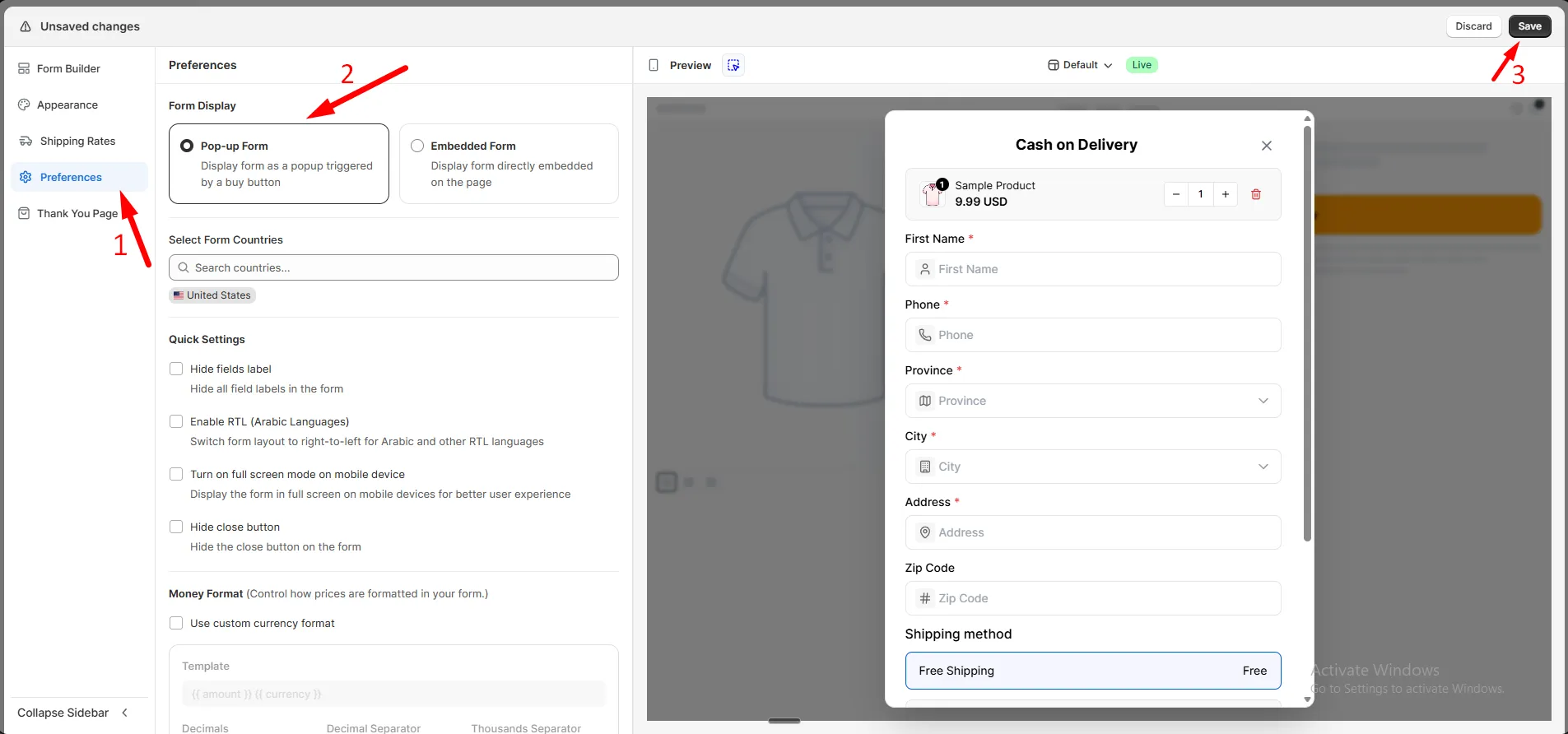 Form Display settings with Pop-up Form selected, and the COD form shown in a pop-up over the product page