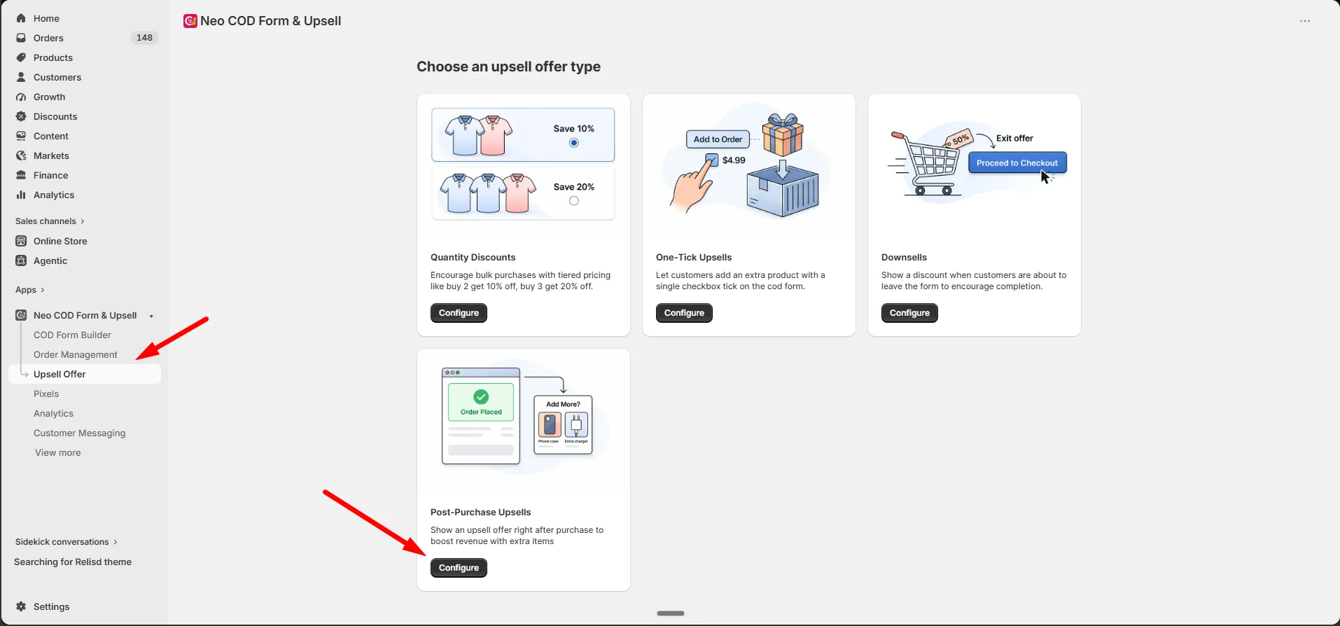 The upsell offer type picker with the Post-Purchase Upsells card
