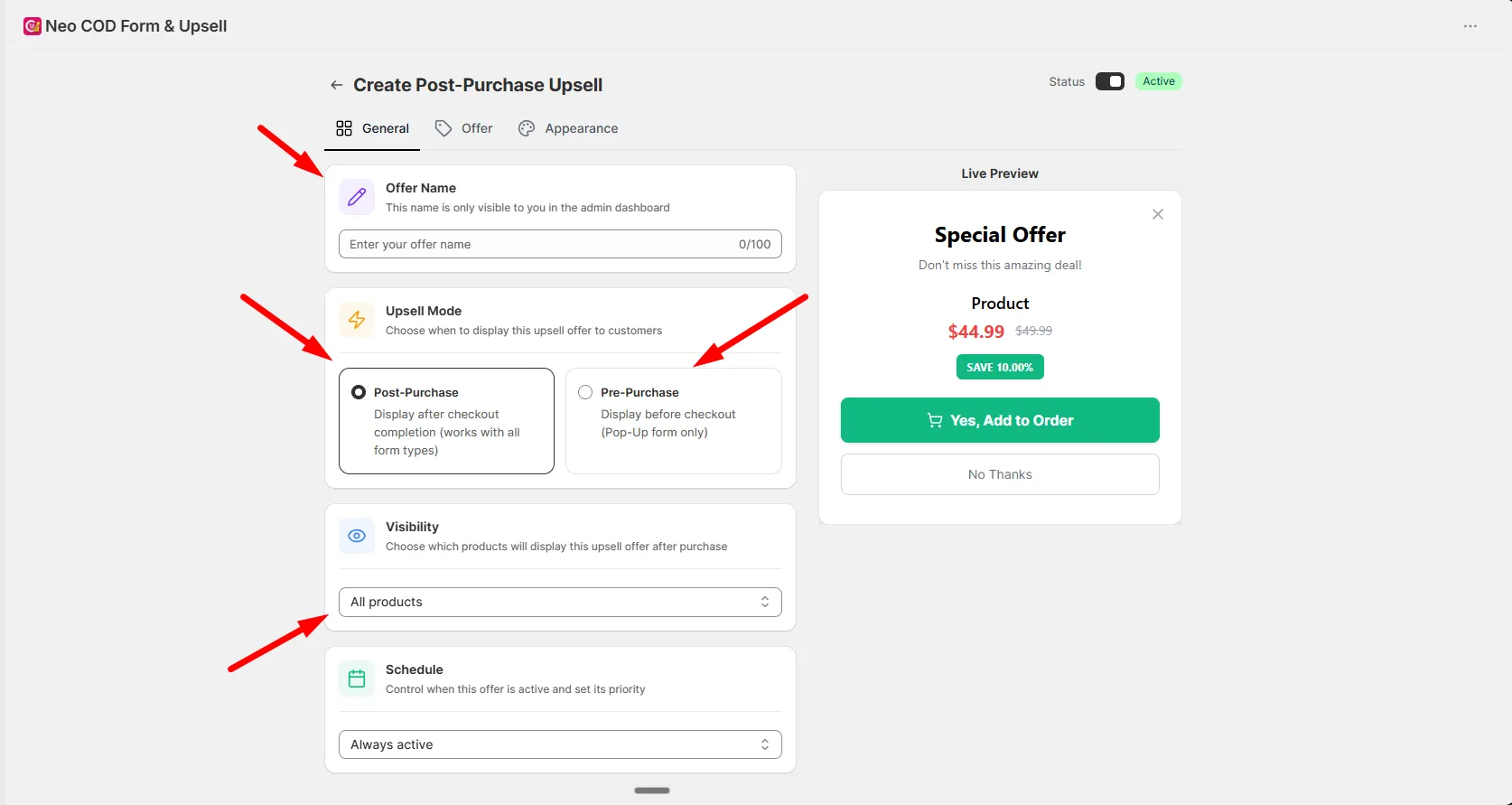 The General tab of Create Post-Purchase Upsell showing Offer Name, Upsell Mode with Post-Purchase and Pre-Purchase options, Visibility, and Schedule