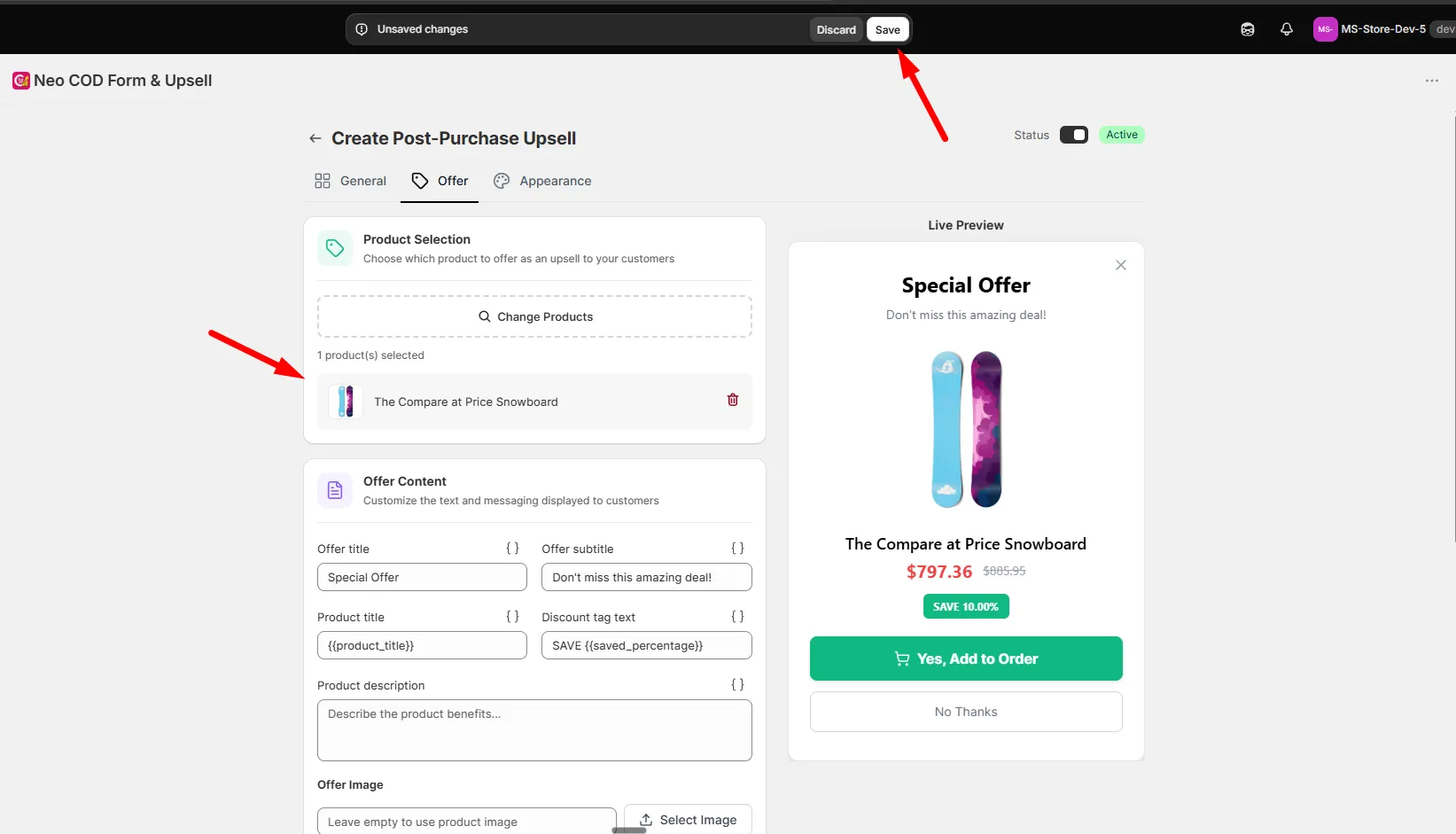 The Offer tab with Product Selection, offer title and subtitle, discount fields, and a live preview of the Special Offer modal