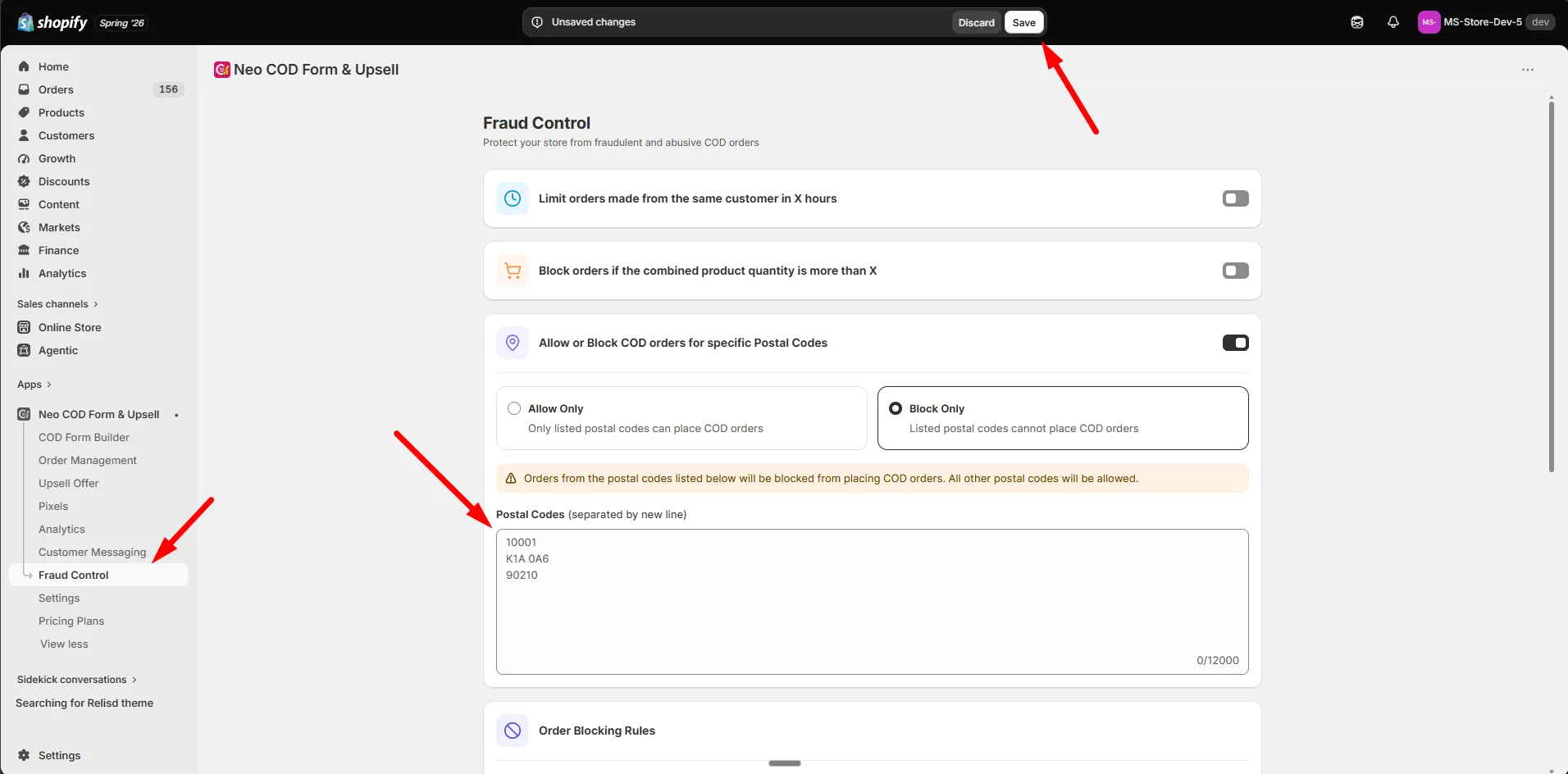 Fraud Control postal code settings with the Allow Only and Block Only modes and a list of postal codes