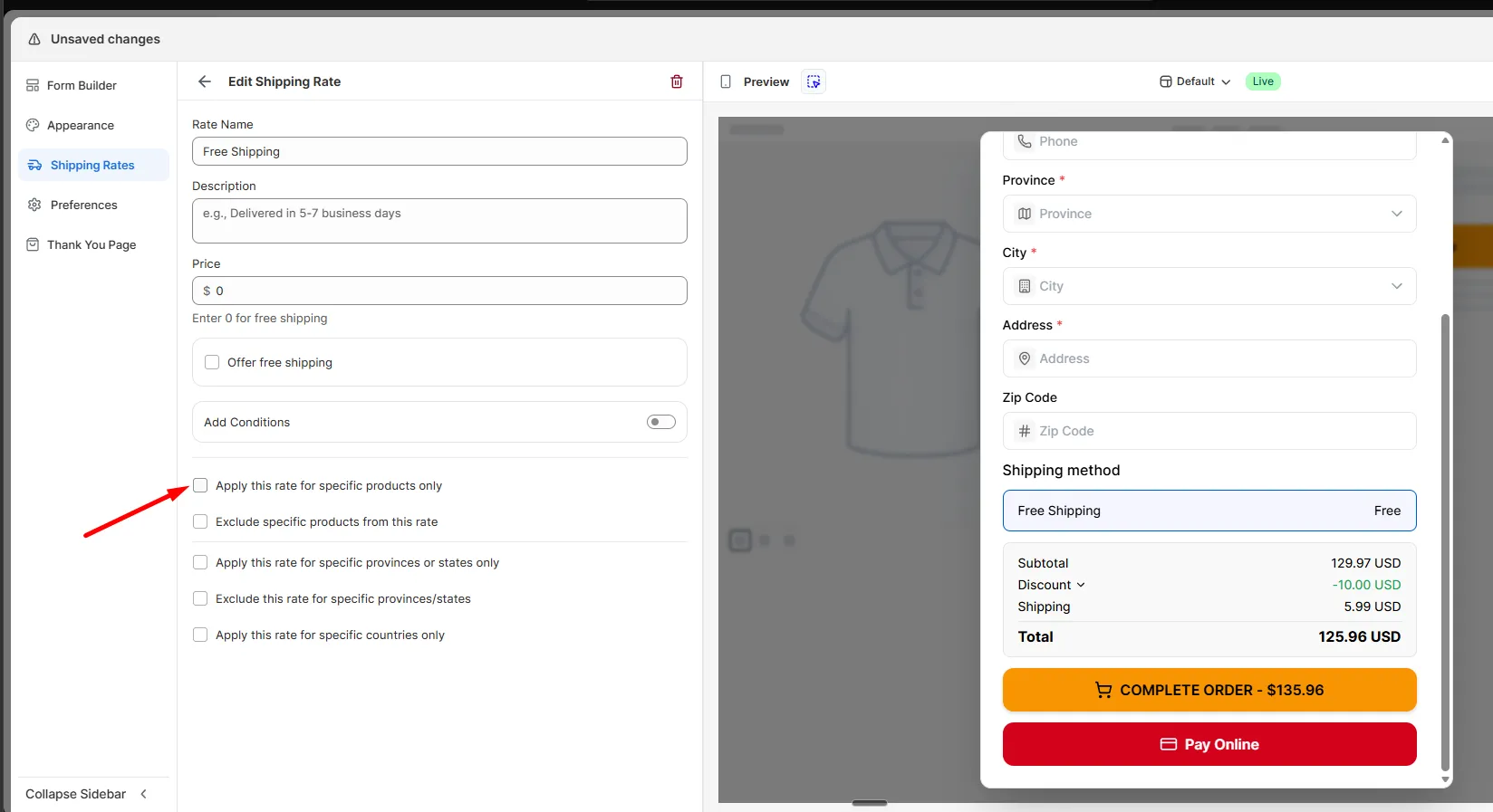 The Edit Shipping Rate panel with the Apply this rate for specific products only checkbox