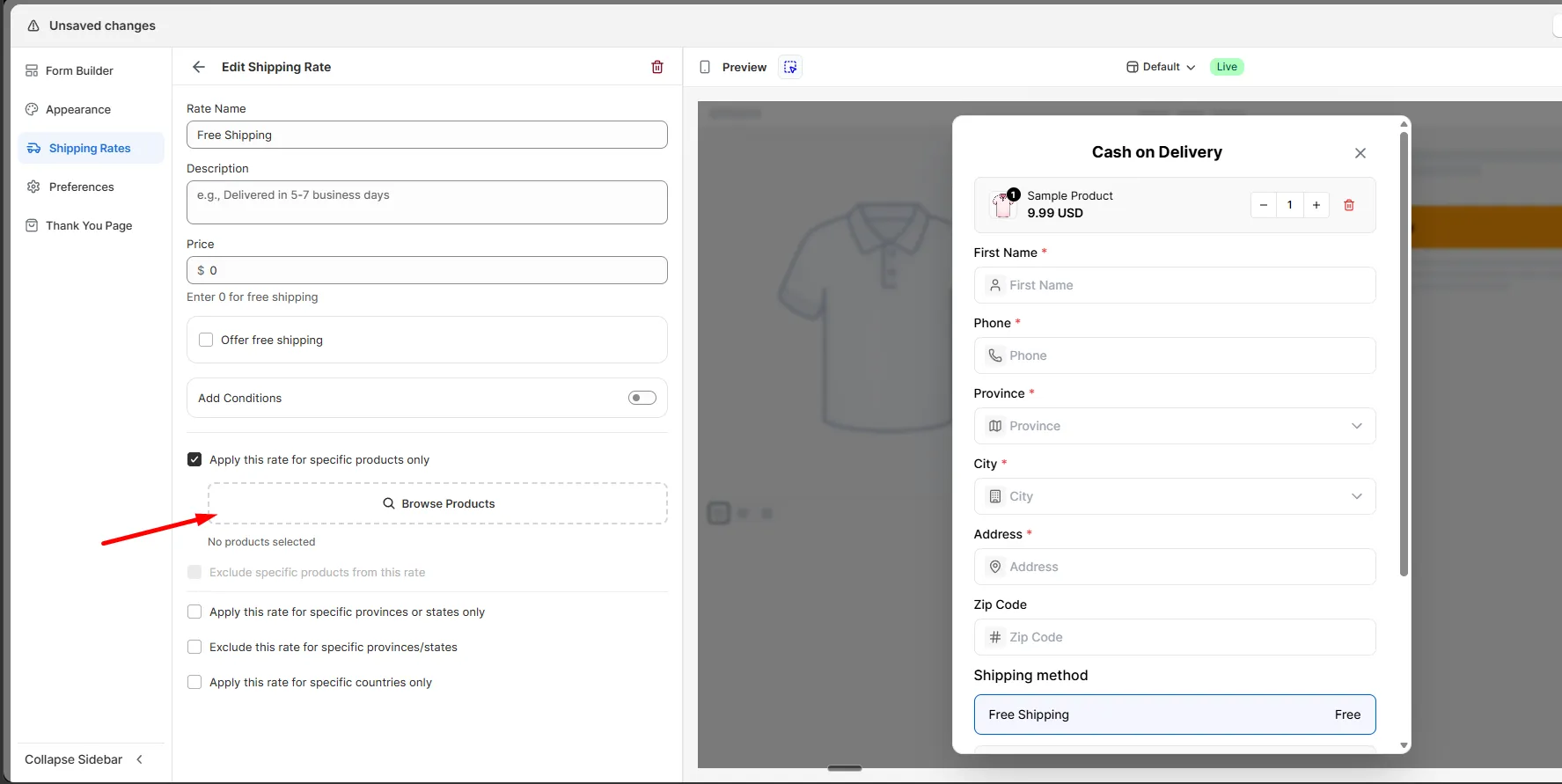The Browse Products button shown after enabling product-specific targeting
